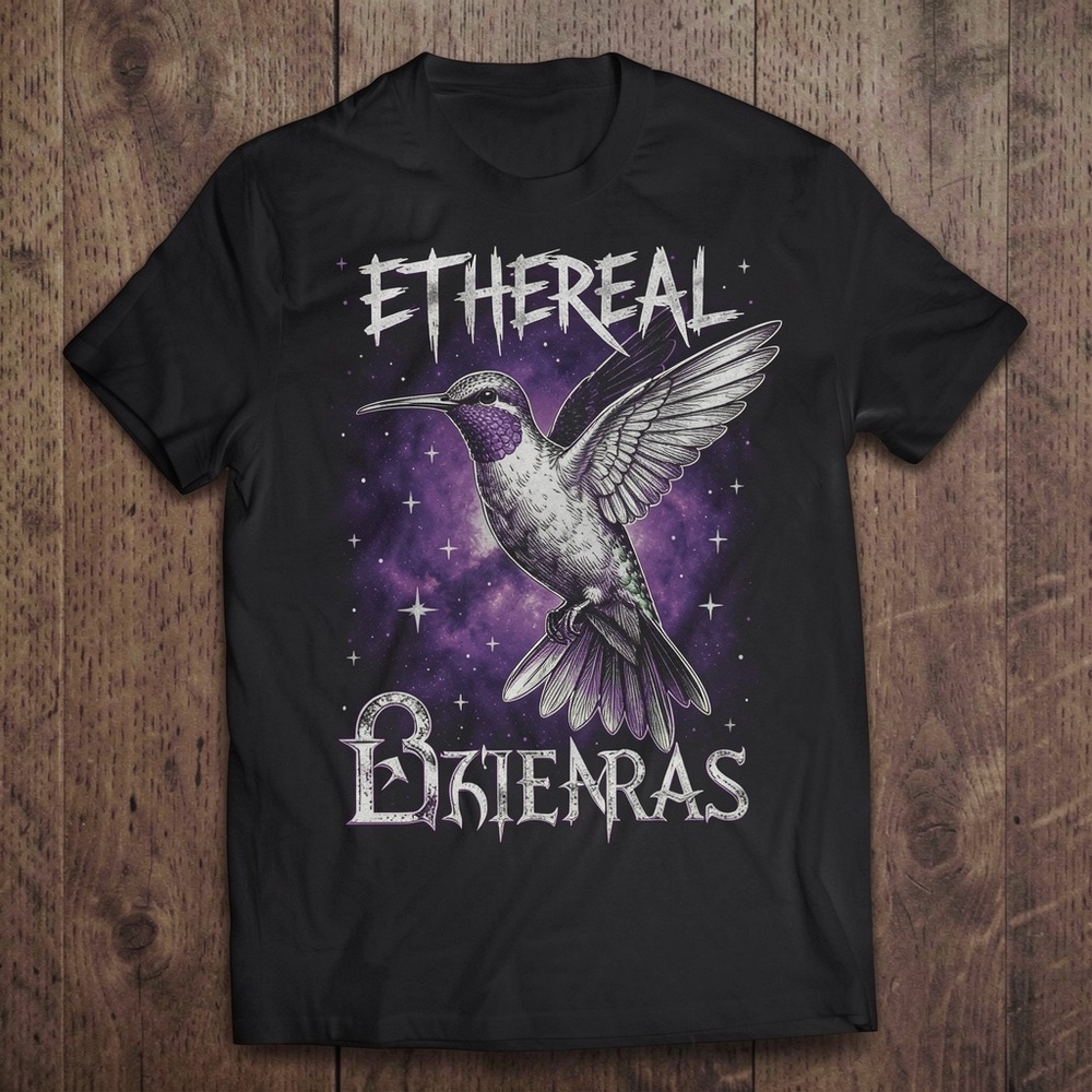 Gildan Black Tee with White and Purple Hummingbird Graphic